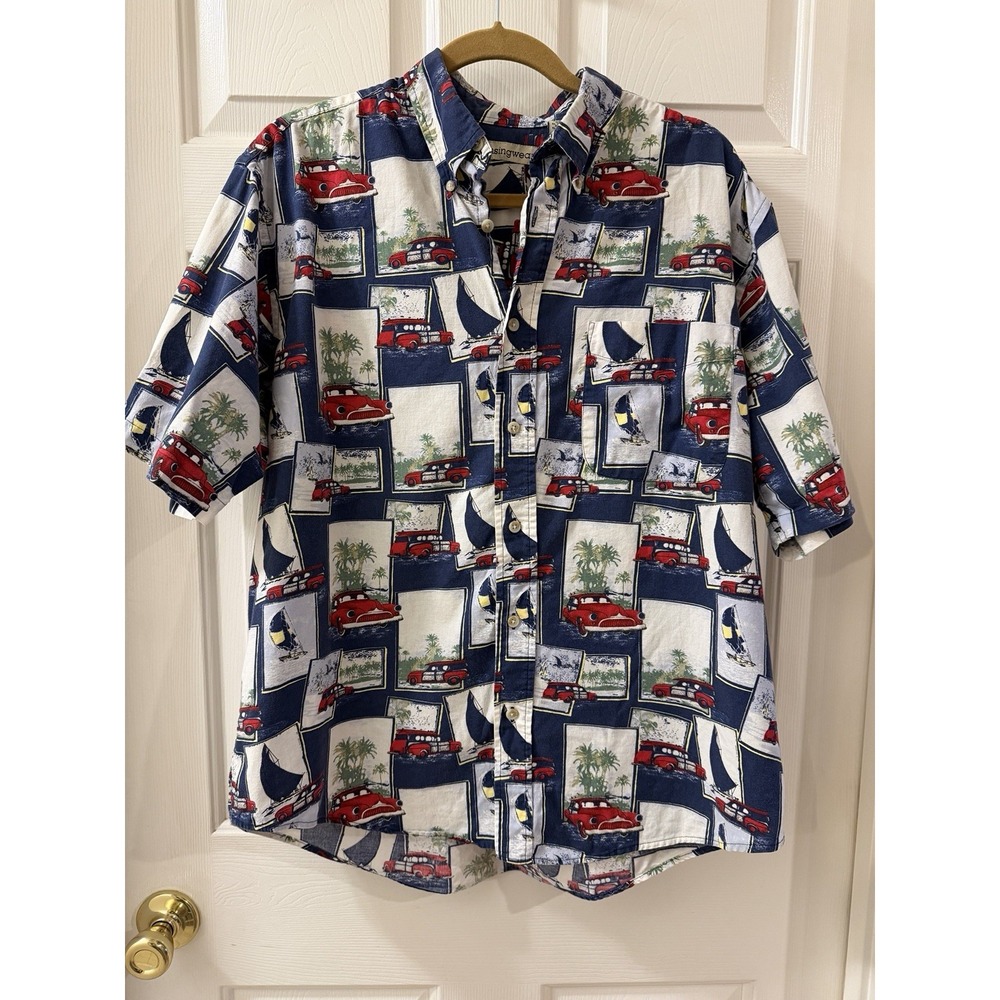 Men's Short Sleeve Button-Up 100% Cotton Munsingwear  Beach/Sailing Theme Size L